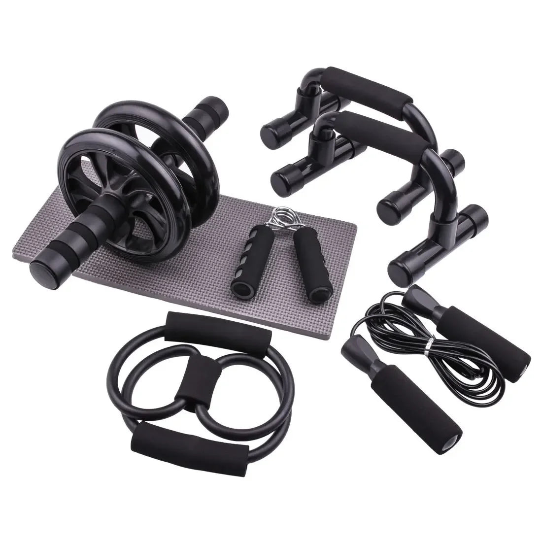 Kit Treino Completo 7 Peças para Exercícios em Casa Roda Abdominal Barras de Flexão e Acessórios Fitness